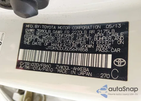 2013 Toyota Prius Two from USA, damaged, VIN JTDKN3DU5D5649858